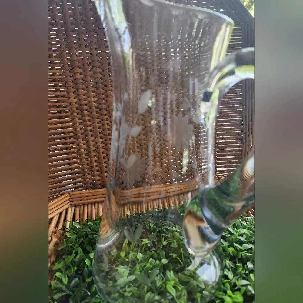 Vintage Etched Floral Pitcher Large